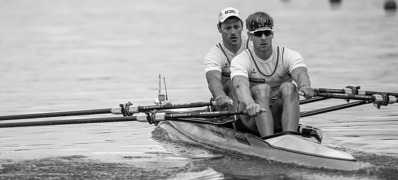 Swiss Olympic rower and Norway Omega ambassador, Barnabe Delarzé, training with a teammate