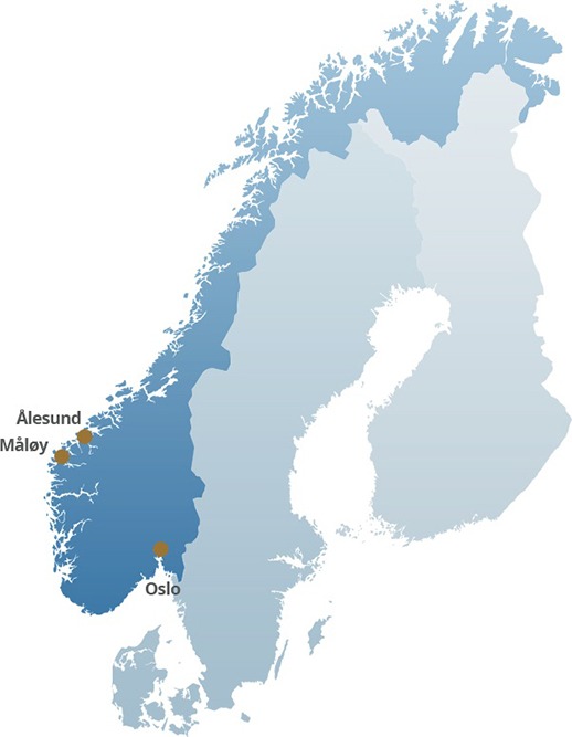 Map of Norway with Ålesund and other major Norwegian cities located